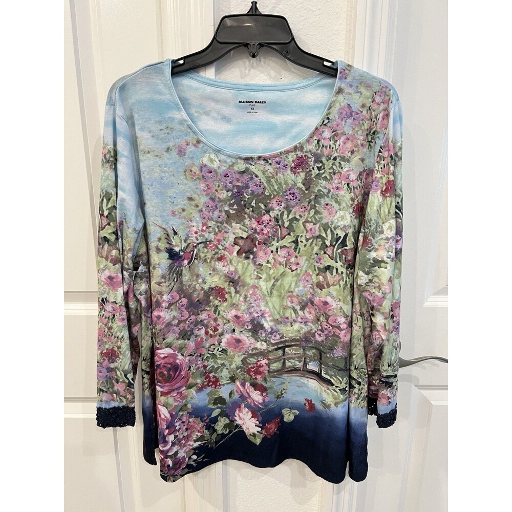 Allison Daley Plus Multicolor Floral & Birds 3/4 Sleeve Rhinestoned Top Size 1X